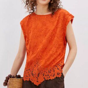 Anthropologie TINY Kerri Orange Lace Shirt Top Embroidery Applique Sleeveless XS